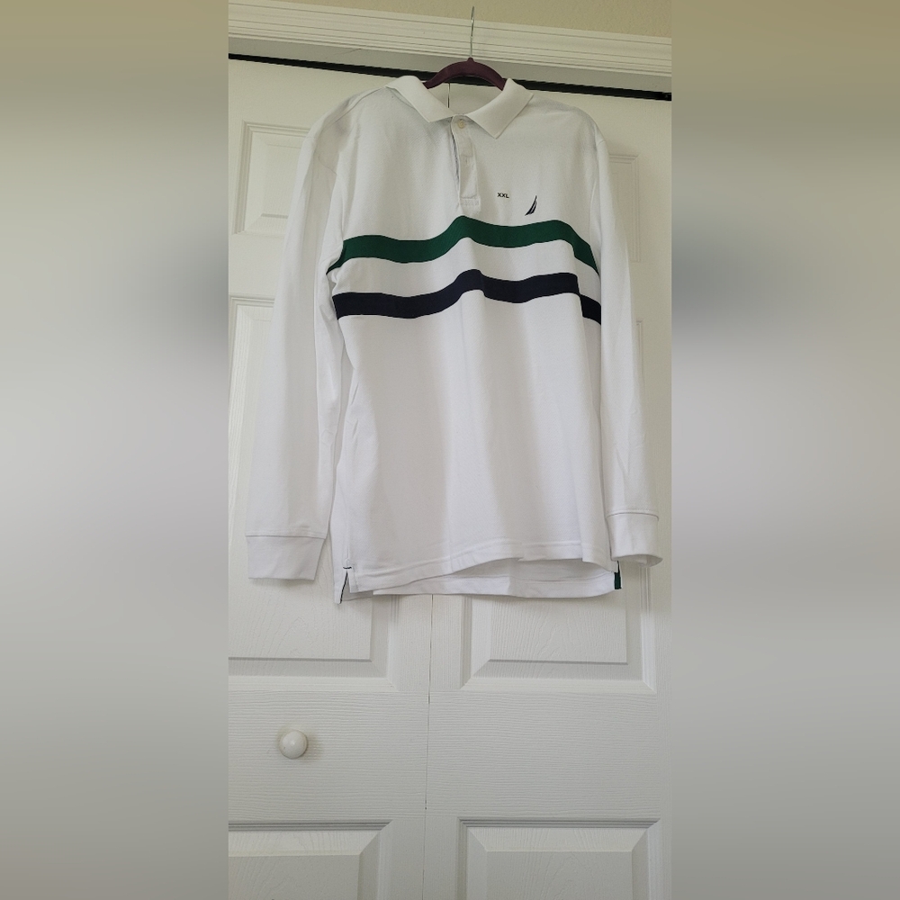Nautica White Shirt with Green and Black Stripes